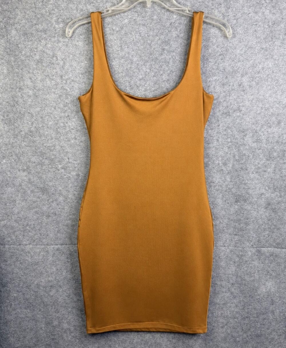 bebe Tobacco Brown Satin Bodycon Mini Dress Size M Scoop Neck Stretch